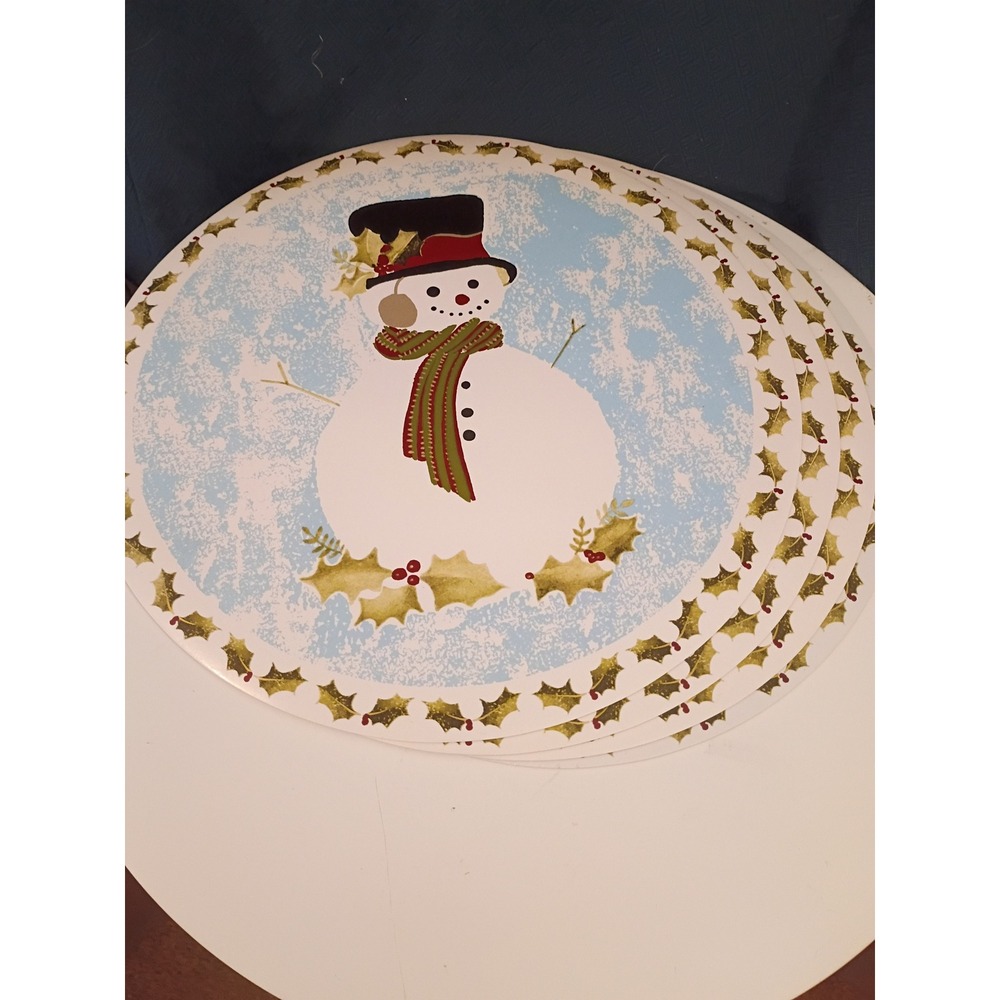 Set of 4 Round Snowman Christmas Placemats Holiday Table Decor Blue White